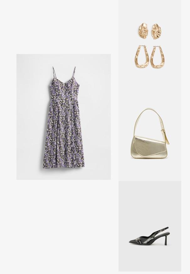 Abito midi floreale con spalline sottili, caratterizzato da una miscela di fiori viola, bianchi e verdi su uno sfondo chiaro. Vita arricciata e gonna fluente.; Scarpa slingback in vernice nera con punta affusolata, cinturini alla caviglia con fibbie in argento e accessori, e tacco sottile.; Borsa a mano metallica dorata con un design strutturato, superficie liscia e tracolla regolabile. Presenta una forma triangolare unica e cuciture minimaliste.; Orecchini in tono oro caratterizzati da forme ondulate eTexture. Comprendono chiusure clip-on scultoree e un design a cerchio aperto con finitura martellata.