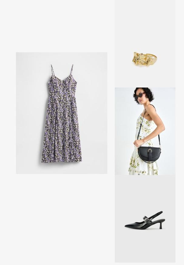 Rochie midi florală cu bretele subțiri, având un amestec de flori mov, albe și verzi pe un fundal deschis. Talie adunată și fustă fluidă.; Sandale cu toc din piele patent neagră, cu vârful ascuțit și un toc mic bloc, având un accent cu cataramă argintie pe curea.; Geantă din piele neagră, cu o formă curbată, curea detașabilă și accesorii aurii. Geanta are un capac cu un detaliu tip cataramă.; Inel de aur cu un design texturat, ondulat, având trei vârfuri proeminente. Suprafață netedă și strălucitoare, cu un bandaj deschis pentru ajustarea dimensiunii.