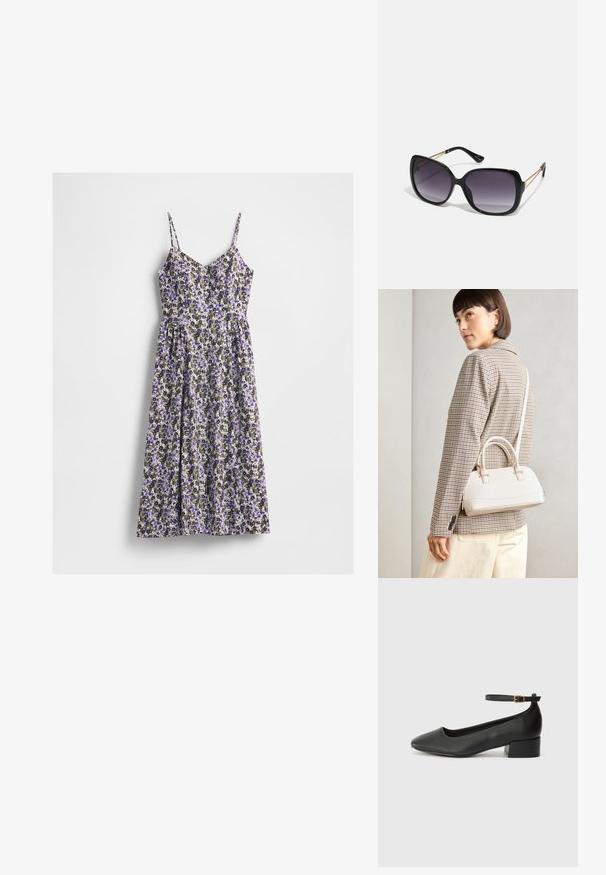 Cvjetna midi haljina s tankim trakama, koja sadrži kombinaciju ljubičastih, bijelih i zelenih cvjetova na svijetloj pozadini. Naborani struk i lepršava suknja.; Crne kožne pumpe s oštrim vrhom i niskom blok petom. Sadrže remen oko gležnja s zlatnim kopčanjem. Glatka tekstura.; Crne prevelike sunčane naočale s gradijentnim lećama, debelim okvirom i zlatnim lancem kao detaljem na krakovima.; Bijela strukturna torba s kratkim ručkama i remenom za rame, s zlatnim metalnim detaljima i teksturiranim materijalom, prikazana na sivoj pozadini.