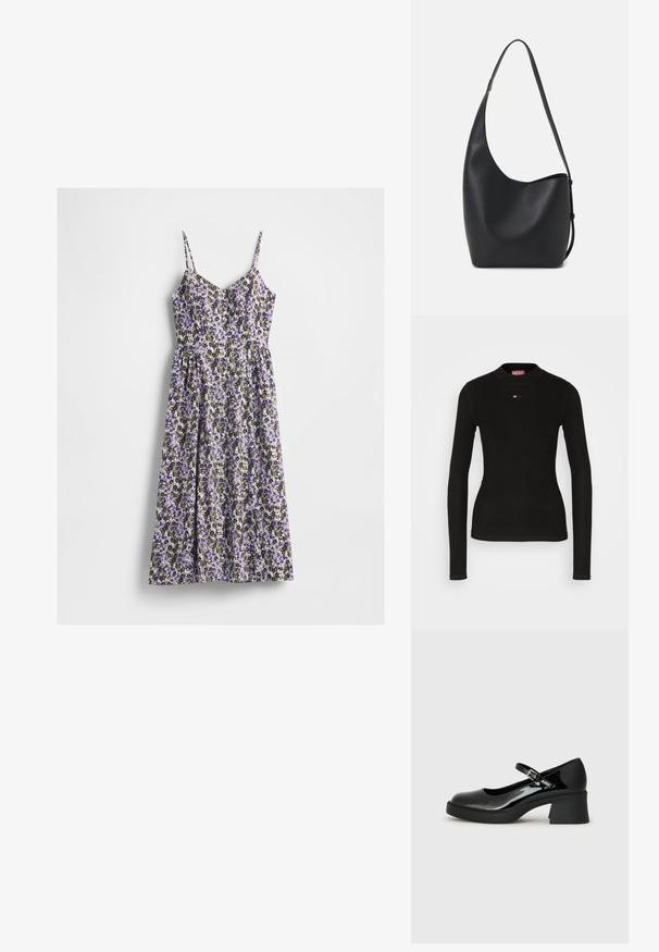 Kvetinové midi šaty s tenkými ramienkami, ktoré majú mix fialových, bielych a zelených kvetov na svetlom pozadí. Zúžený pás a splývavá sukňa.; Čierny dlhý rukáv top vyrobený z rebrovanej tkaniny, s okrúhlym výstrihom a malým červeným logom Diesel vyšitým na hrudi.; Čierne lakované kožené topánky Mary Jane s oválnym špičkou, nastaviteľným pásikom a robustným štvorcovým podpätkom. Obsahujú štruktúrovanú podrážku.; Čierna kožená hobo taška so hladkou textúrou, zakriveným tvarom a jedným nastaviteľným popruhom; má široké otvorenie na vrchu.