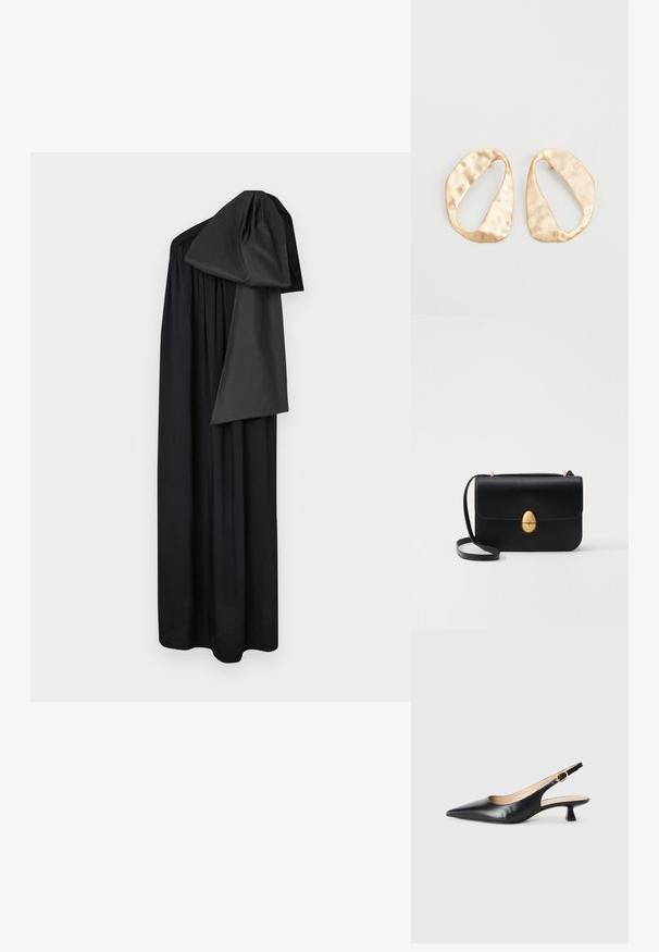 Sort kjole med en skulderbærende design, der har en samlet tekstur og løst flydende form. Fremstillet af letvægtsstof med en draperet ærme.; Sorte læder slingback kitten heel sko med spids tå og guld spænde på side stropp, på hvid baggrund.; Sort læderhandbag med en struktureret rektangulær form. Har et gyldent ovalt lås og en tynd skulderrem. Glat tekstur.; Et par uregelmæssige ovalformede øreringe i guldtonet metal med en tekstureret, let hamret overflade på en hvid baggrund.