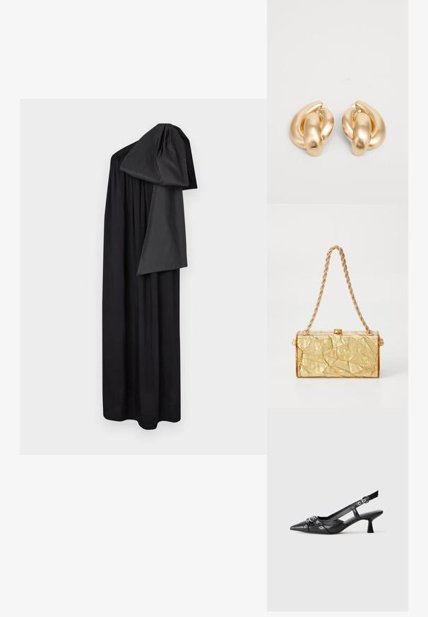 Fekete ruha, vállakat csupaszító szabással, gyűrt textúrával és laza, folyékony formával. Könnyű anyagból készült, drapált ujjal.; Fekete bőr slingback cipő hegyes orral, dekoratív pántokkal, fém szemekkel és alacsony blokk sarkú. Texturált felület.; Arany, gyűrött textúrájú kézitáska, téglalap alakú, lánc pánttal és fedélzáras záródással a tetején. Simább, fényes felület.; Arany színű fém fülbevalók csavart mintával, sima, fényes felülettel és lekerekített formákkal. Mindegyik körülbelül 5 cm hosszú.