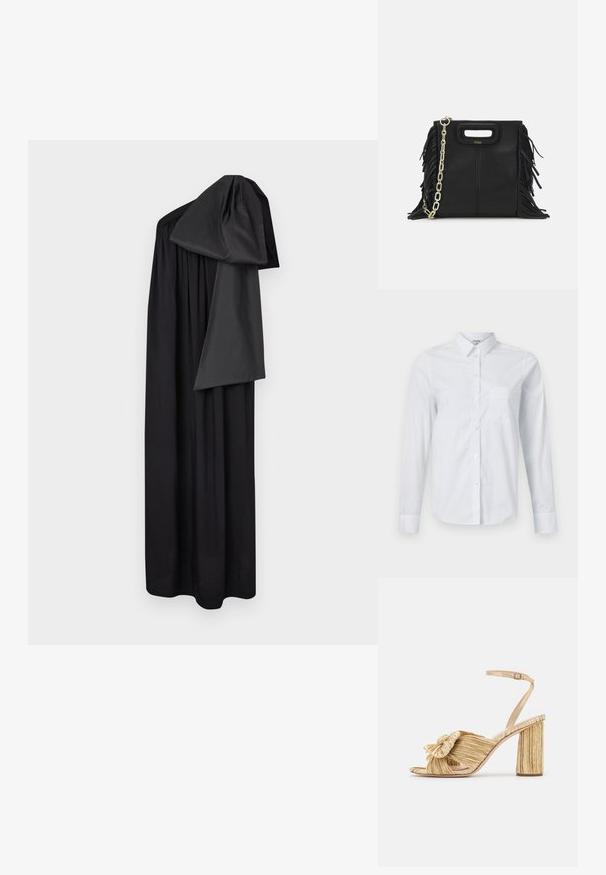 Rochie neagră cu un design care lasă umerii la vedere, având o textură plisată și o formă fluidă, lejeră. Fabricată dintr-un material ușor, cu un mânecă căzută.; Cămașă albă cu mânecă lungă din bumbac. Prezintă un guler cu nasturi, guler ascuțit și o buzunar pe piept pe partea stângă.; Sandale cu toc auriu, cu un front legat, textură plisată și curea la gleznă. Tocul bloc are un design cu nervuri, care îmbunătățește aderența.; Geantă de mână din piele neagră cu detalii din franjuri, curea de umăr din lanț auriu și un mâner cu tăietură. Prezintă plasarea logo-ului pe față.