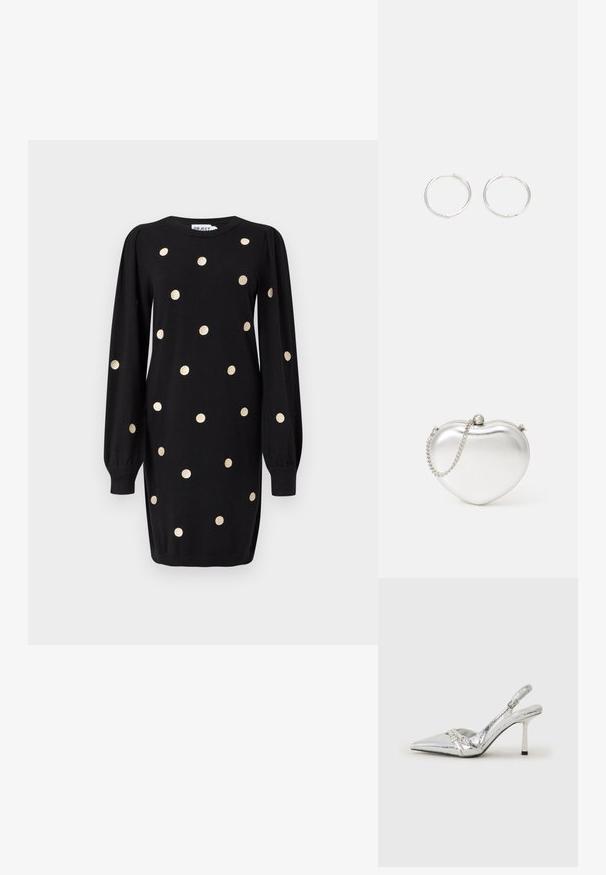 Abito nero a maniche lunghe con pois dorati, polsini a coste e scollatura rotonda, esposto su uno sfondo grigio chiaro uniforme.; Scarpe con tacco alto slingback argento con punta affusolata, finitura metallica, due cinturini decorativi e un tacco sottile con punta nera.; Borsetta a forma di cuore in metallo argento con una texture liscia, chiusura a scatto e tracolla in argento.; Orecchini a cerchio in argento con un design rotondo e elegante, caratterizzati da una superficie liscia e senza decorazioni visibili. Diametro non specificato.