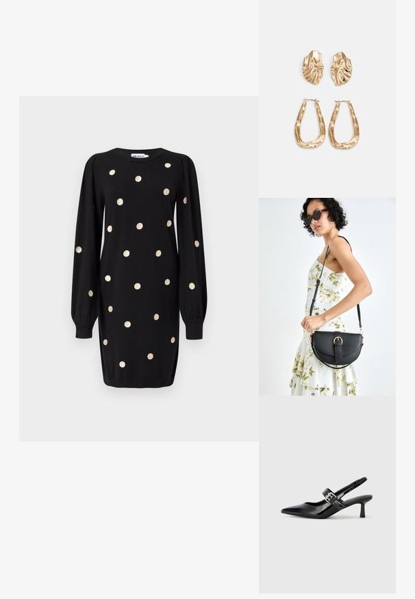 Robe noire à manches longues avec des pois dorés, des poignets côtelés et un col rond, présentée sur un fond gris clair uni.; Escarpins slingback en cuir verni noir avec un bout pointu et un petit talon bloc, mettant en avant un accent en boucle argentée sur la sangle.; Sac à main en cuir noir avec une forme courbée, bandoulière amovible et des accessoires en or. Le sac est doté d'un rabat avec un détail de boucle.; Boucles d'oreilles dorées présentant des formes texturées et ondulées. Comprend des clips sculpturaux et un design de créoles ouvertes avec une finition martelée.