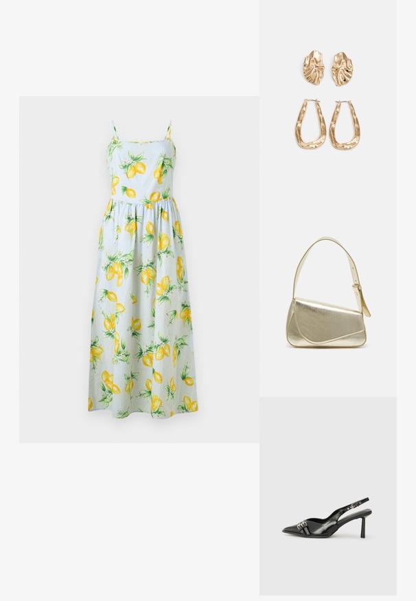 Világoskék maxi ruha sárga citrommintával, spagetti pántokkal, testhez simuló délelőtti részel és bő szoknyával. Pamut anyag.; Fekete lakk bőr, hegyes orrú slingback cipő, boka pántokkal, ezüst csatokkal és hardverelemekkel, valamint karcsú sarkú.; Arany fémes kézi táska, strukturált dizájnnal, sima felülettel és állítható pánttal. Egyedi háromszög alakú, minimalistának mondható varrásokkal rendelkezik.; Aranyszínű fülbevalók, texturált, hullámos formákkal. Tartalmazza a szobrászati klipszes studokat és az open hoop kialakítást, kalapácsos felülettel.