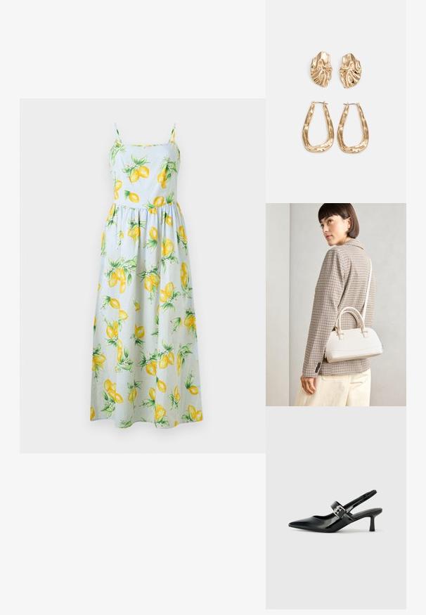 Vestido maxi azul claro com estampado de limões amarelos, apresentando alças finas, um corpete ajustado e uma saia evasé. Tecido de algodão.; Saltos slingback em verniz preto com bico pontiagudo e um pequeno salto bloco, apresentando um detalhe de fivela prateada na tira.; Bolsa estruturada branca com alças curtas e uma alça de ombro, com detalhes em hardware dourado e material texturizado, exibida contra um fundo cinza.; Brincos em tom de ouro com formas onduladas e texturizadas. Inclui studs escultóricos com presilha e um design de argola aberta com um acabamento martelado.