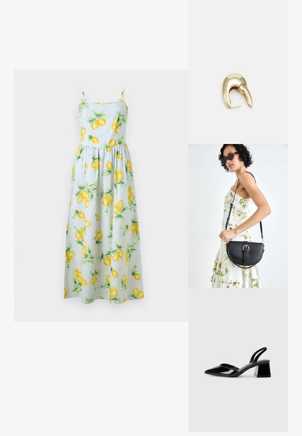 Rochie maxi albastră deschis, cu imprimeu de lămâi galbene, având bretele subțiri, un umăr ajustat și o fustă evazată. Material din bumbac.; Pantofi cu toc slingback din piele lacuită neagră, cu vârf ascuțit și toc geometric. Prezintă un design elegant, minimalist și o textură netedă.; Geantă din piele neagră, cu o formă curbată, curea detașabilă și accesorii aurii. Geanta are un capac cu un detaliu tip cataramă.; Cercei din metal de culoare aurie cu un design elegant și curbat. Prezintă o formă distinctivă, ascuțită, o suprafață lustruită și un sistem de închidere cu balama.