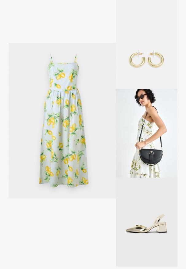 Világoskék maxi ruha sárga citrommintával, spagetti pántokkal, testhez simuló délelőtti részel és bő szoknyával. Pamut anyag.; Arany, fémből készült slingback sarkú cipők hegyes orral és vastag sarokkal. Simaság, minimalista design és keskeny pánt jellemzi.; Fekete bőrtáska ívelt formával, levehető pánttal és arany színű fémrészekkel. A táskán egy csattal díszített fedél található.; Arany fülbevalók sima, fényes felülettel. Kör alakú dizájn, amely kis kapoccsal és átlátszó tartozékkal rendelkezik a biztonságos viselés érdekében.
