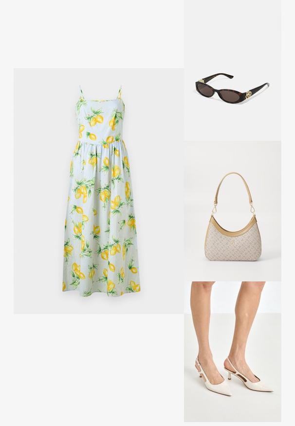 Jasnoniebieska sukienka maxi w żółte cytryny, z ramiączkami typu spaghetti, dopasowaną górą i rozszerzanym dołem. Wykonana z bawełny.; Beżowe lakierowane szpilki z odkrytą piętą, zakończone spiczastym noskiem i 5 cm obcasem, z wyciętymi bokami oraz cienkim paskiem na kostce.; Słoneczne okulary w kolorze żółwi z wydłużonymi owalnymi soczewkami, brązowym odcieniem, złotymi akcentami logo na zausznikach oraz smukłymi czarnymi ramionami.; Beżowa torebka w wzory o zakrzywionym kształcie, z skórzanymi akcentami i złotym logo z przodu. Posiada krótki uchwyt, co ułatwia noszenie.