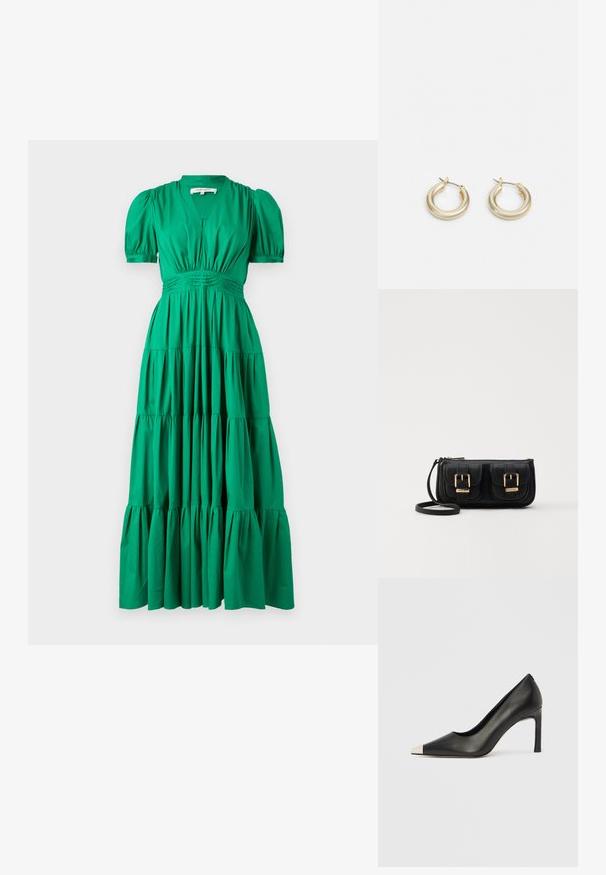 Žalias maksi suknelė iš lengvos medžiagos, su trumpomis pūstomis rankovėmis, V formos iškirpte ir sluoksniuota raukinių apatine dalimi, turi prigludusį korpusą.; Juodas odinis aukštakulnis batelis su smailia nosimi ir metaliniu sidabriniu galiuku. Turi lygų paviršių ir ploną 10 cm kulną.; Juodas odinis per petį nešiojamas krepšys su dviem priekiniais kišenėmis, auksiniais sagtimis, užtrauktuko uždarymu ir siauromis petnešomis. Textūruota paviršius ir kompaktiškas stačiakampis formatas.; Lauren Ralph Lauren BASIC SMALL HOOP - Auskarai - gold-coloured