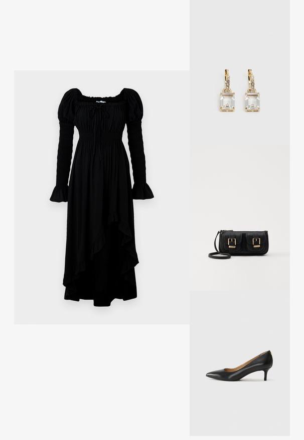 Musta, pitkähihaisesti mekko, jossa on neliömäinen pääntie, smockattu yläosa ja röyhelöhelma. Valmistettu pehmeästä kankaasta; hihoissa on gathered-yksityiskohtia.; Mustat nahka-korkokengät, joissa on terävä kärki, matala korko ja sileä pinta. Edessä on pieni aukko ja takana minimaalinen varustus.; Musta nahkainen olkalaukku, jossa on kaksi etutaskua, kultaiset soljet, vetoketjukiinnitys ja kapea hihna. Teksturoidun pinnan ja kompaktin suorakaiteen muoto.; Kulta-sävyiset korvakorut, joissa on suorakulmainen, kirkas kivi roikkumassa pienen, pyöreän kirkkaan korosteen rivin alapuolella. Tyylikäs, moderni muotoilu.