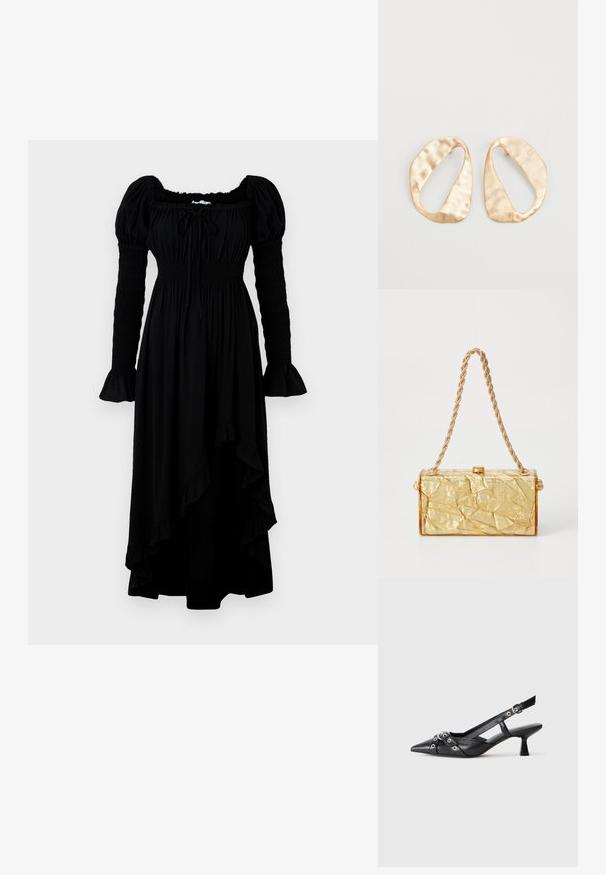 Czarna, długa sukienka z długim rękawem, kwadratowym dekoltem, marszczonym stanikiem i falbaniastym dołem. Wykonana z miękkiego materiału; rękawy ozdobione marszczeniami.; Czarne skórzane buty typu slingback z ostrym noskiem, ozdobnymi paskami z metalowymi oczkami oraz niskim klinowym obcasem. Teksturowana powierzchnia.; Złota torebka o pomarszczonej fakturze w kształcie prostokąta, z łańcuszkowym paskiem i zapięciem klapkowym na górze. Gładkie, błyszczące wykończenie.; Para nieregularnych, owalnych kolczyków ze złotego metalu o teksturowanej, lekko młotkowanej powierzchni na białym tle.