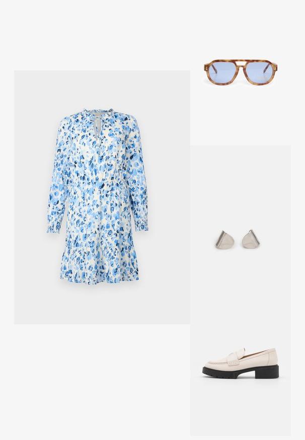 Sininen kukkamekko kevyestä kankaasta, jossa on pitkät hihat, avainreiän pääntie ja pussitettuna vyötärö, sekä liehuva hame.; Vaaleanbeige nahkaloaferit, joissa on ommeltu etuosa ja teksturoitu musta korko. Ominaisuuksiin kuuluu kaareva muotoilu ja kevyt kohotus.; Kameran aurinkolasit, joissa on siniset linssit, kulmikas muotoilu, paksu kehys ja nenäsiltaan tehty leikkaus; sisältää kultaisen korosteen temppeleissä.; Hopea metalliset korvakorut, joissa on sileä, pisaramainen muoto ja kiillotettu pinta. Huomaamattomat kaiverrukset lisäävät yksityiskohtia. Minimalistinen muotoilu.