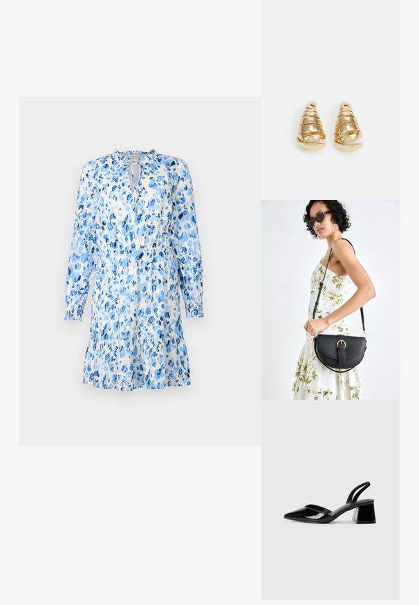 Kék virágmintás ruha könnyű anyagból, hosszú ujjal, kulcslyuk kivágással és gyűrt derékkal, illően bővülő szoknyával.; Fekete lakk bőr szandálkés magas sarkú cipő, hegyes orral és geometrikus tömbsarkakkal. Karcsú, minimalista dizájn és sima textúra jellemzi.; Fekete bőrtáska ívelt formával, levehető pánttal és arany színű fémrészekkel. A táskán egy csattal díszített fedél található.; Arany színű fülbevalók, amelyek hosszúkás kúp alakúak, spirális díszítéssel. Simább felület, tükröződő fényességgel, ívelt részletekkel.
