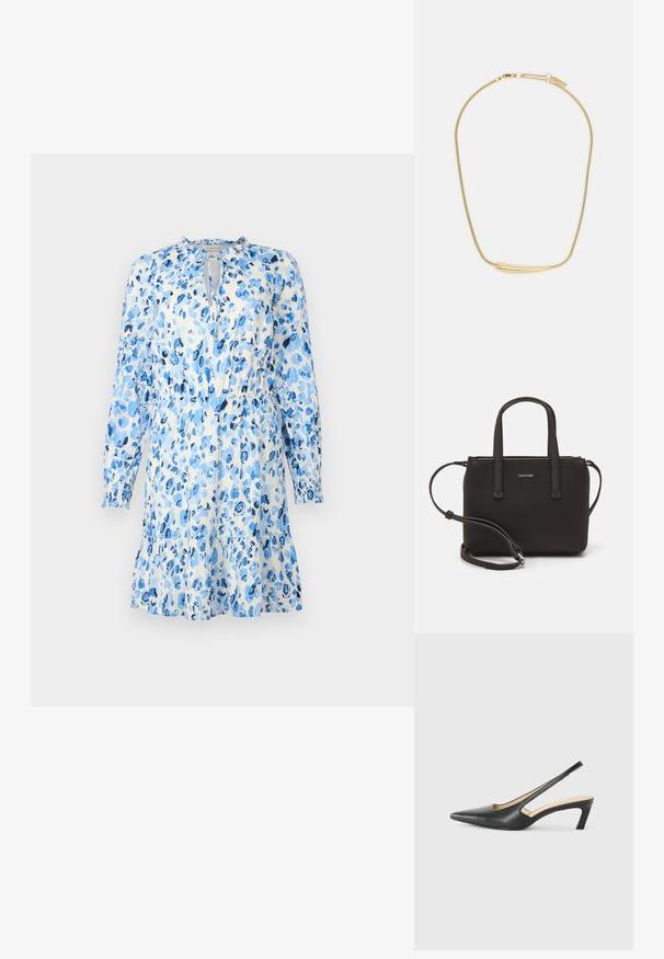 Modrá kvetinová šaty z ľahkej látky, s dlhými rukávmi, výstrihom v tvare kľúča a zberaným pásom s rozšírenou sukňou.; Čierne slingback topánky s ostrou špičkou a nízkym opätkom, vyrobené z hladkej kože a s výrezmi na boku pre lepšiu priedušnosť.; Čierna kabelka s dvojitými krátkymi rúčkami a odnímateľným ramenným popruhom. Hladký materiál podobný koži s uzatváraním na zips a detailom loga.; Zlatom pozlátený náhrdelník s hladkým, zakriveným centrálnym akcentom. Obsahuje flexibilný reťaz s karabínkovým zapínaním a ďalšími nastaviteľnými článkami reťaze.