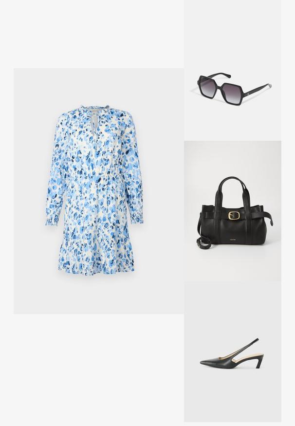 Sinine lilleline kleit kerge kangaga, millel on pikad varrukad, võtmeaugu dekoltee ja kogutud vöökoht koos laieneva seelikuosaga.; Must mustaga, terav varvas, madala kontsaga sildiga king, mis on valmistatud siledast nahast ja mille küljel on lõike disain hingavuse tagamiseks.; Mustad kuuekülgsed prillid gradueeritud läätsedega, millel on läikiv viimistlus ja peene bränding põlvel. Vastupidav plastikust konstruktsioon.; Must mustraga nahkakott, millel on struktureeritud disain, kaks ülemist kanda, kuldse tooni pandla aktsent ja esiküljel embosseeritud brändi logo.