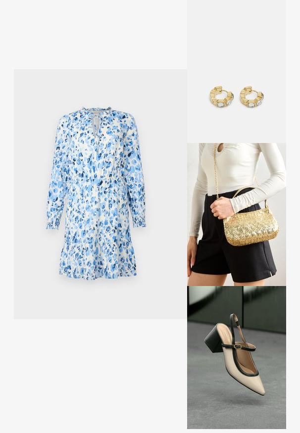 Vestido floral azul en tejido ligero, con mangas largas, escote con abertura en forma de llavero y cintura fruncida con falda acampanada.; Zapato slingback de punta beige con ribete negro, hebilla dorada y un tacón cuadrado grueso sobre un suelo gris con fondo verde oscuro.; Bolso de mano de lentejuelas doradas con forma rectangular, que presenta un asa corta y una correa larga de cadena. La textura es brillante y reflectante.; Pendientes de aro de oro con un diseño texturizado y tres acentos de cristal transparente en un lado, que ofrecen una estética geométrica moderna.