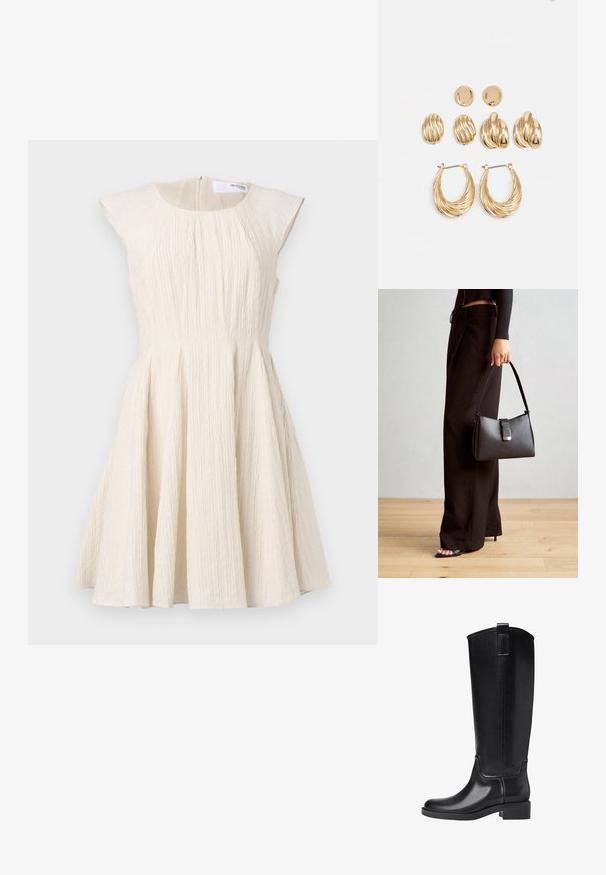Tekstuirana haljina krem boje s prilagođenim korzetom, kratkim rukavima i lepršavom suknjom, s naborima i zatvaranjem na leđima.; Crne čizme do koljena napravljene od glatkog sintetičkog materijala. Imaju zaobljen vrh, nisku blok petu i vertikalne šavove.; Crna torba s oblikom koji sadrži strukturu, glađu teksturu i metalnu kopču. Uparena s širokim crnim hlačama i sandalama na otvorenom s drvenog poda.; Zlatni naušnice set koji se sastoji od tri para: teksturirane ovalne naušnice na zakovicu, naušnice valovitog dizajna i velike naušnice u obliku obruča s slojevitim izrezima.