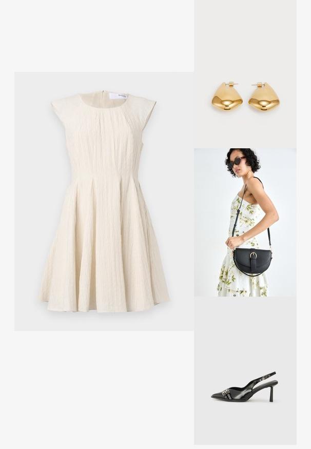 O rochie texturată, de culoare crem, cu un corsaj ajustat, mâneci tip capac și fustă evazată, decorată cu pliseuri și un fermoar la spate.; Pantofii slingback din piele lăcuită neagră, cu vârf ascuțit, bretele pentru gleznă cu catarame și accesorii din argint, și un toc subțire.; Geantă din piele neagră, cu o formă curbată, curea detașabilă și accesorii aurii. Geanta are un capac cu un detaliu tip cataramă.; Cercei din metal de culoare aurie, cu o formă triangulară rotunjită și un design cu prindere pe spate; suprafață reflectorizantă cu detalii minime.