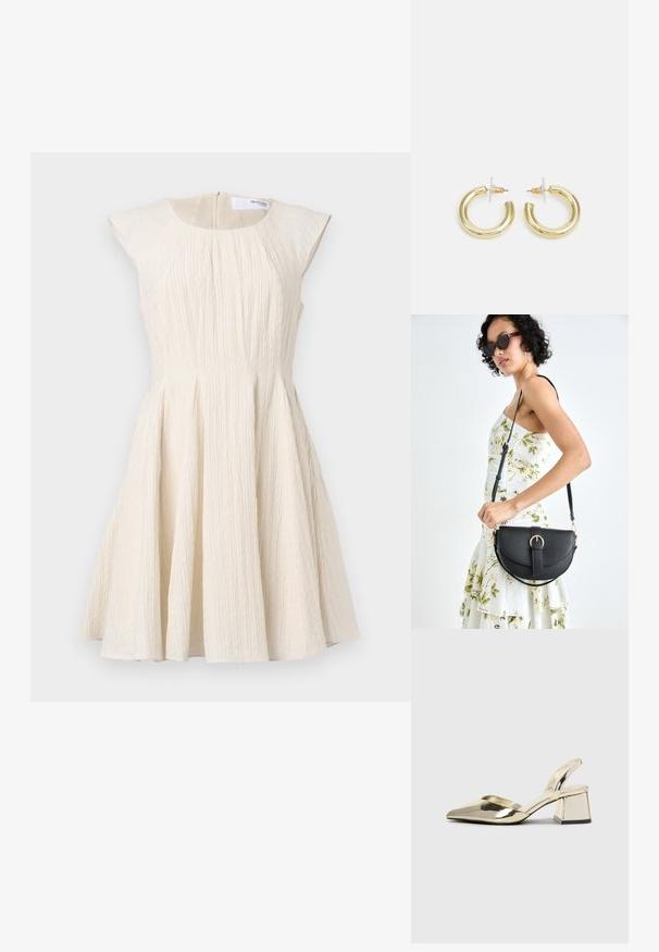 Un vestido de color crema con textura, con un corsé ajustado, mangas cortas y una falda acampanada, que presenta plisados y una cremallera en la parte posterior.; Tacones slingback metálicos dorados con punta afilada y tacón grueso. Textura suave, diseño minimalista y una correa estrecha.; Bolso de piel negra con forma curva, correa desmontable y herrajes dorados. El bolso cuenta con una solapa con un detalle de hebilla.; Aretes de aro de oro con un acabado suave y brillante. Diseño circular que presenta un pequeño post y un respaldo transparente para un uso seguro.