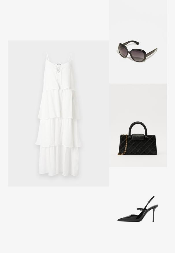 Biała, warstwowa sukienka uszyta z teksturowanej tkaniny, z cienkimi ramiączkami typu spaghetti i wiązaniem przy dekolcie.; Czarne lakierowane szpilki slingback z ostrym noskiem, regulowanym paskiem i obcasem w kształcie stiletto. Gładka powierzchnia o błyszczącym wykończeniu.; Czarne okulary przeciwsłoneczne z przerośniętymi, okrągłymi oprawkami. Soczewki w gradiencie od ciemnego do jasnego. Posiadają gładkie, błyszczące wykończenie i subtelne akcenty logo na zausznikach.; Czarna torebka wykonana z fakturowanej skóry, z wzorem w romby, złotą łańcuszkową rączką oraz górnym uchwytem z klapą z wytłoczonym logo.