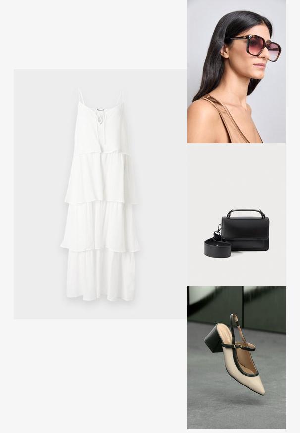 Vestido blanco en capas, hecho de tejido texturizado, con finas tirantes tipo espagueti y un detalle de lazo en el escote.; Zapato slingback de punta beige con ribete negro, hebilla dorada y un tacón cuadrado grueso sobre un suelo gris con fondo verde oscuro.; Grandes gafas de sol cuadradas con montura de carey marrón y lentes rosa degradados. Presentan un acento de logotipo dorado en la patilla.; Bolso de mano de cuero negro con un asa superior y correa desmontable, con una forma rectangular y un diseño minimalista, sin acentos de hardware visibles.