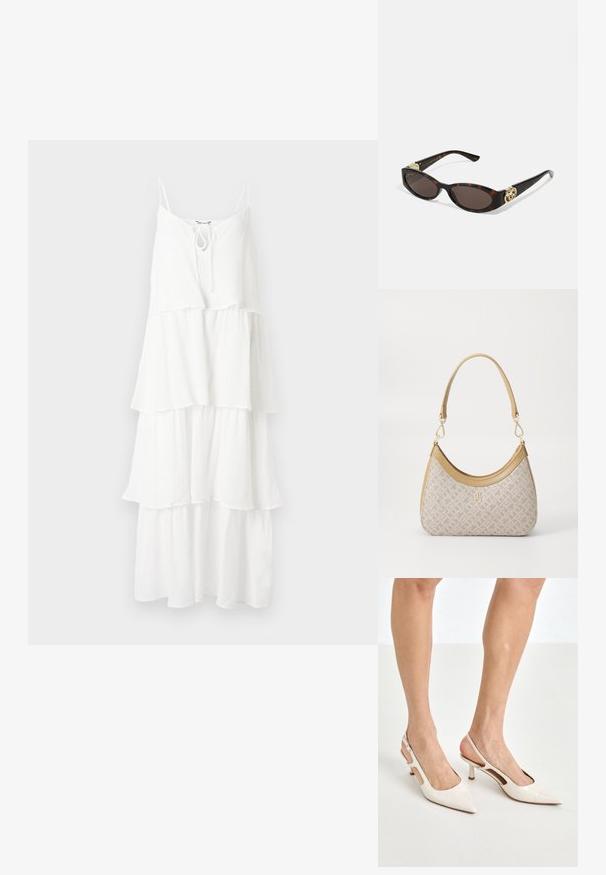 Hvid, lagdelt kjole lavet af tekstureret stof, med tynde spaghetti-stropper og en bindedetalje ved halsudskæringen.; Beige patenterede læder slingback hæle med spids tå og 5 cm hæl, med udskårne sider og en tynd ankelrem.; Skildpaddemønster solbriller med aflange ovale linser, brun farve, guldlogo accenter på stængerne og slanke sorte arme.; Beige mønsteret taske med en buet form, læderdetaljer og et guldtonet logo på fronten. Har et kort håndtag for nem bæring.; Perle- og krystalhalskæde med et rundt, perlekantet design i lyse nuancer, der præsenterer skiftevis perler og glitrende detaljer, båret om halsen.