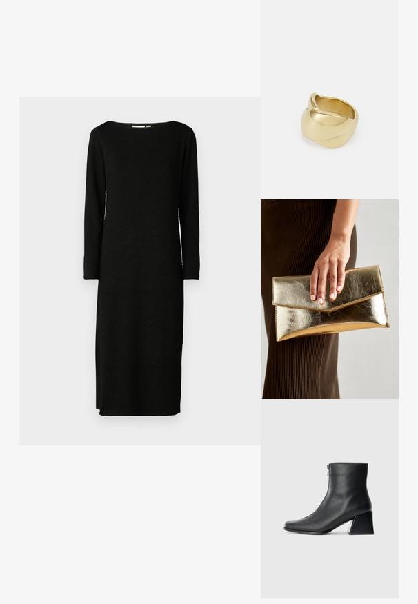 Must värviga pikkade varrukatega kleit tekstuurse mustriga, paadi kaelusega ja sirge lõikega, ulatudes põlveni. Pole nähtavaid kinnitusi ega dekoratsioone.; Must musta ankle bot, mille ruudukujuline varvas, külgriiv ja plokk-konts, heledal taustal.; Kuldne metallist käekott, millel on sile tekstuur ja kolmnurkne klapp. Kotti hoidev käsi on hoolikalt maniküüritud küüntega.; Kuldne sõrmus, millel on sujuv, keerdunud disain. Omab poleeritud pinda ja ümarat serva, luues sujuva ja voolava kuju.