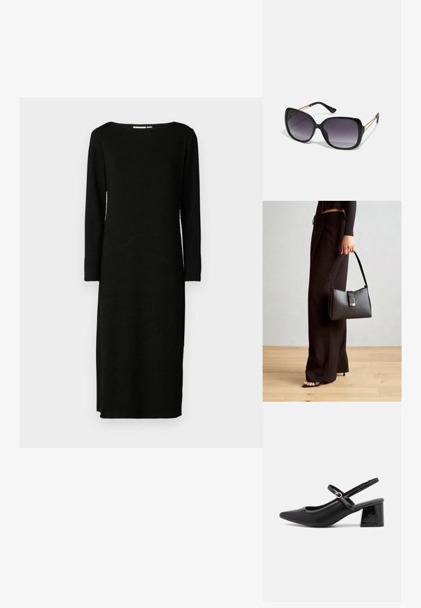 Melnas garām piedurknēm kleita ar teksturētu rakstu, laivveida dekoltē un taisnu griezumu, kas sasniedz zem ceļgaliem. Nav redzamu aizdaru vai rotājumu.; Melns patentēts ādas sandales ar norādīta pirksta formu, noapaļotu izgriezuma dizainu un bloķētu papēdi. Iezīmēta ar zelta toņa sprādzi.; Melni pārmērīgi lieli saulesbrilles ar gradāciju lēcām, biezām rāmja malām un zeltainas krāsas ķēžu detaļām uz tempļiem.; Melnā somiņa ar strukturētu formu, gludu tekstūru un metālu sprādzi. Saskaņota ar platām melnām biksēm un sandālēm ar atvērtu purngalu uz koka grīdas.