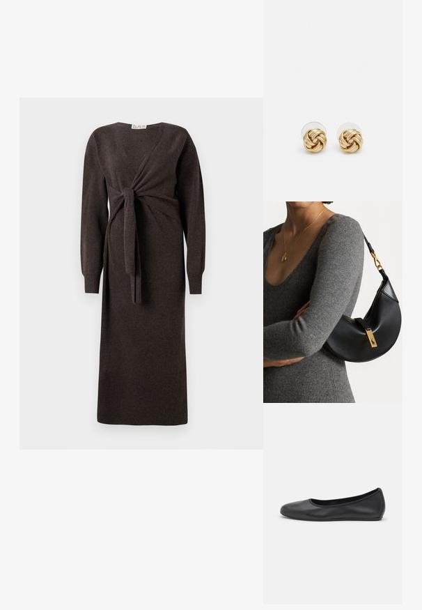 Pruun kootud kleit pikkade varrukatega, mähise disainiga, millel on esiknopp ja soonikkoes varrukad, ulatudes keskmise sääre pikkusesse.; Musthave mustika tantsutossud mustast nahast, ümmarguse varbaga, siledast tekstuurist, minimaalse õmblusdetailiga ja paindliku tallakujundusega.; Must mustast mustakoti, millel on kuldne riistvara ja millel on lukuga sulgemine. Kanda üle keha halli kampsuni peal.; Kuldse tooni sõlm kõrvarõngad, millel on keeratud disain. Igal kõrvarõngal on ringikujuline läbipaistev tagaosa, mis tagab kindla kandmise.