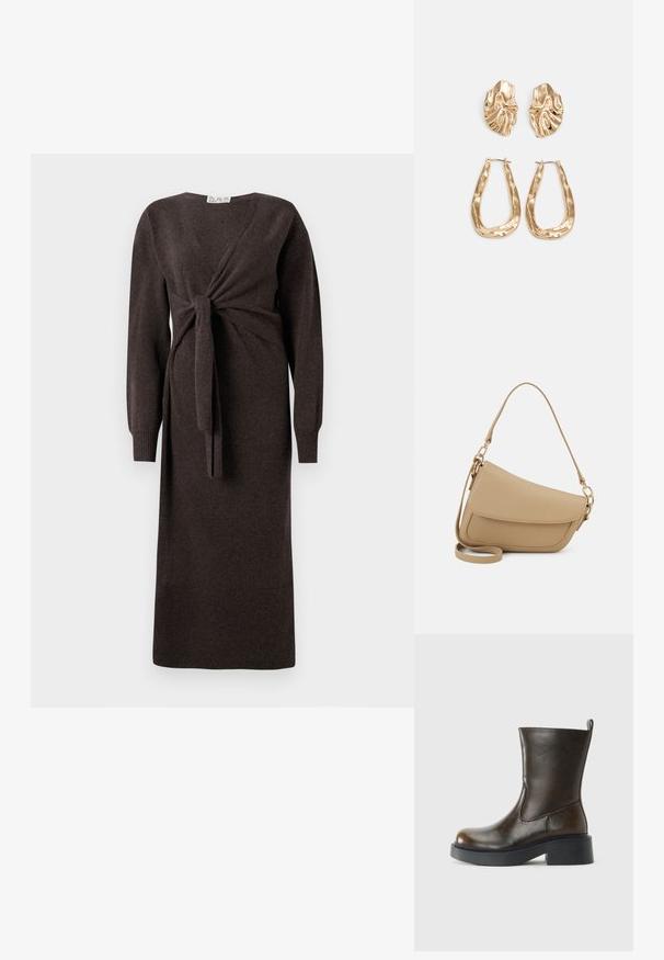 Ruskea neulemekko pitkillä hihoilla, kietaisusuunnittelu, jossa on etusolmu ja ribbireunat, ulottuen puoliväliin pohkeita.; Tummanruskea keskipituinen nahkasaapas pyöreällä varvaskappaleella, paksulla mustalla pohjalla, matalalla blokkikannalla ja vetotapilla takana.; Even&Odd Käsilaukku - beige; Korukultainen korvakorut, joissa on teksturoituja, aaltoilevia muotoja. Mukana on veistokselliset klipsikorvakorut ja avoin rengasmalli, jossa on vasaroitu pinta.