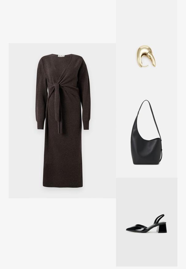 Brun strikket kjole med lange ermer, en omslagsdesign med en frontknute og ribbede mansjetter, som går til midten av leggen.; Svarte patentlær slingback hæler med spiss tå og geometrisk blokk hæl. Har et stilrent, minimalistisk design og jevn tekstur.; Svart lær hobo-veske med glatt tekstur, buet form og enkelt justerbart stropp; har en bred åpning på toppen.; Gullfarget metalløredobber med et elegant, buet design. Har en karakteristisk spiss form, polert overflate og hengsel-lukking.