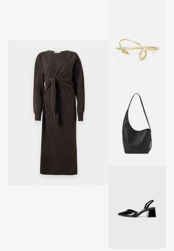 Brūna adīta kleita ar garām piedurknēm, ar pārklājošu dizainu, kas iekļauj priekšējo mezglu un ribotām malām, kas sasniedz līdz vidus stilbam.; Melna lakota āda ar atvērto papēdi, ar smailu purngalu un ģeometrisku blokpapēdi. Iezīmējas elegants, minimāls dizains un gluda tekstūra.; Melnas ādas hobo soma ar gludu tekstūru, izliekta forma un vienu regulējamu jostu; augšā ir plaša atvere.; Zelta krāsas metāla aproce ar šķidrām, viļņveidīgām formām. Vienā galā ir neliels, izteikts sudraba krāsas akcents.