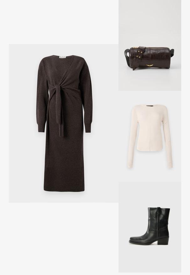 Hnedé pletené šaty s dlhými rukávmi, s prekrývacím dizajnom a predným uzlom, s rebrovanými manžetami, s dĺžkou po stredný lýtko.; Dlhý rukáv, svetlo béžový top s okrúhlym výstrihom. Vyrobený z mäkkej látky, má stredový šev a mierne zakrivený spodný okraj. Bez viditeľného hardvéru.; Čierne kožené členkové topánky s okrúhlou špičkou, blokovým podpätkom, bočným zipsom a prešívaním na priehlavku. Hladká textúra, klasický dizajn.; Hnedá taška z kože s embosovaným vzorom krokodíla, cylindrického tvaru, so zlatými hardvérovými doplnkami a odnímateľným popruhom so štítkami.