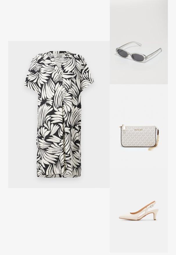 Rochie cu mânecă scurtă și decolteu în V, cu un model de frunze alb-negru pe un material ușor, cu închidere prin buton și o croială confortabilă.; Sandaie cu toc alb, cu vârful ascuțit, material superior neted, toc mic tip bloc și design cu decupaj lateral, cu curea ajustabilă.; Ochelari de soare cu formă ovală, ramă din plastic transparent, lentile gri închis și brațe subțiri transparente cu accente de logo și detalii minime.; Clutch Michael Kors din canva acoperit bej, cu un model repetitiv al logo-ului MK, accesorii din aur și o curea cu lanț detașabil.