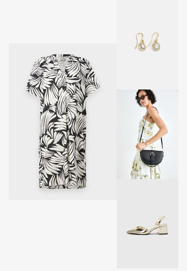 Kratke rukave haljina s V-izrezom, koja se ističe crno-bijelim uzorkom lišća na laganom materijalu, dugmadi za zatvaranje i opuštenim krojem.; Zlatni metalik slingback sandali s šiljatim vrhom i debelim potpeticama. Glatka tekstura, minimalistički dizajn i uski remen.; Crna kožna torba s lukovitim oblikom, odvojivim remenom i zlatnim detaljima. Torba ima preklop s kopčom.; Zlatne naušnice s ovalnim prozirnim kristalima okruženim manjim prozirnim kamenčićima, s dizajnom na kuku za sigurno nošenje.