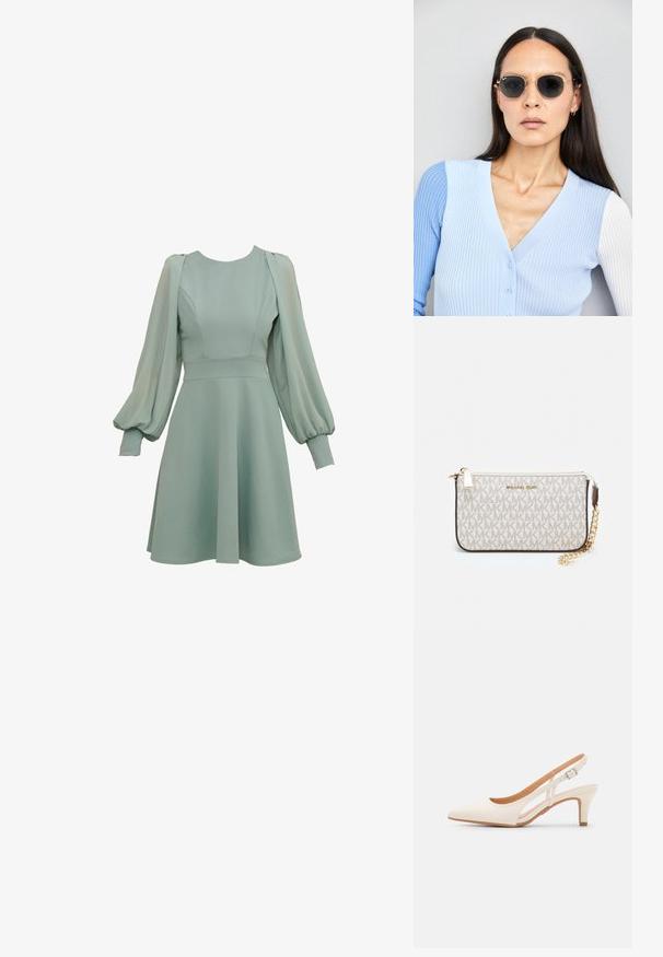 Rochie verde mentă cu mâneci tip balon, cu un bust ajustat și fustă evazată. Confecționată dintr-un material fin, cu cusături subtile și mansete.; Sandaie cu toc alb, cu vârful ascuțit, material superior neted, toc mic tip bloc și design cu decupaj lateral, cu curea ajustabilă.; Ochelari de soare rotunzi cu lentile întunecate și rame aurii. Modelul poartă un cardigan ribbed de culoare albastru deschis cu nasturi și mâneci albe în contrast.; Clutch Michael Kors din canva acoperit bej, cu un model repetitiv al logo-ului MK, accesorii din aur și o curea cu lanț detașabil.