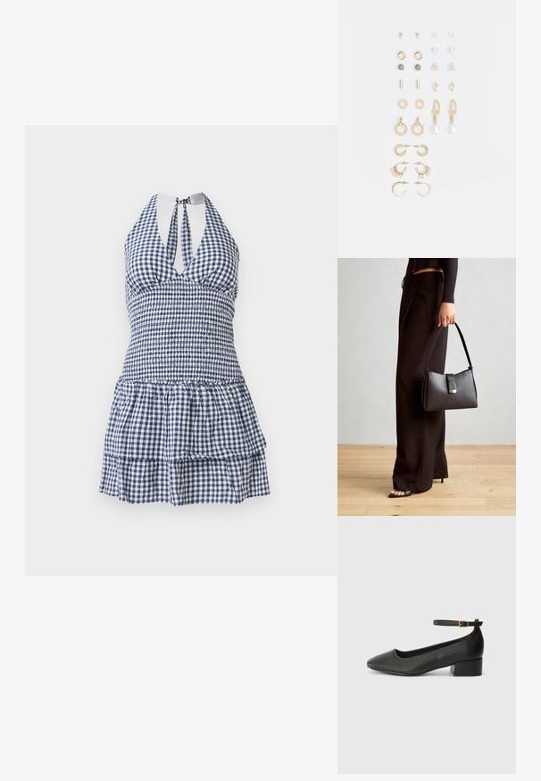 Sinine ja valge ruuduline suvekleit, millel on liibuv ülemine osa, korsetikaelus, avatud selg ja kihiline volangiga ääreline.; Must mustaapp, millel on terav nina ja madal blokk-kand. Omab pahkluu rihma koos kuldse tooni pandlaga. Sile tekstuur.; Must musta kott, millel on struktureeritud kuju, sile tekstuur ja metallist klamber. Kombineeritud laiate mustade pükstega ja avatud varvaste sandaalidega puidust põrandal.; Kullastusust kõrvarõngaste komplekt, mis sisaldab erinevaid disaine, sealhulgas nööpe, rõngaid ja riputatavaid tükke, millel on pärlid ja rhinestones.