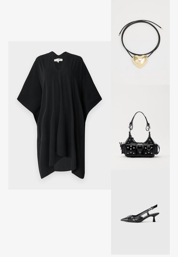 Melnā, brīvi pieguļošā kaftanā ar V-veida kakla izgriezumu un platām piedurknēm, kas izgatavota no mīksta, plūstoša auduma. Tam ir brīva silueta un nav aizdaru.; Melnas ādas šlipsveida kurpes ar norādītu purngalu, dekoratīvām joslām ar metāla acīm un zemu bloku papēdi. Teksturēta virsma.; Melnas ādas rokturmais ar izliekumu, ar sudraba iedurtiem, sprādzi un divām sānu kabatām. Regulējams siksniņas garums dažādām nēsāšanas iespējām.; Melns pītas auklas kaklarota, kurai ir pulēts zelta sirds piekariņš ar gludām līnijām un spīguļojošu apdari.