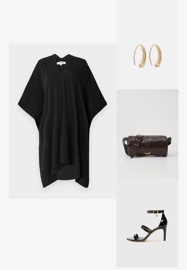 Kaftan negru, cu croi lejer, cu decolteu în V și mâneci largi, realizat dintr-un material moale și fluid. Dispune de o siluetă relaxată și nu are închideri.; Sandale negre din piele lacuită, cu trei curele, cataramă la glezna și toc stiletto de 10 cm. Prezintă detalii din metal auriu și un charm cu logo.; Geantă din piele căptușită cu un model de crocodil de culoare maro, cu o formă cilindrică, accesorii de culoare aurie și un curea detasabilă cu tăieturi.; Cercei din metal auriu, cu un design curbat și alungit. Au o suprafață netedă și strălucitoare, cu un vârf rotunjit pentru un detaliu suplimentar.