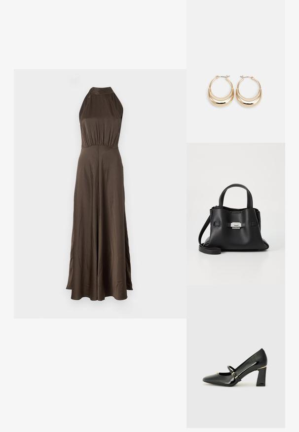 Vestido maxi castanho com decote halter, corpete ajustado e saia fluida. Feito de um tecido leve e suave com um brilho sutil.; Sapato de salto alto em couro envernizado preto, com bico fino, tira no tornozelo e detalhe em ouro no salto. Design de salto quadrado.; Bolsa de mão de couro preto com um acabamento texturizado, apresentando duas alças superiores, uma alça de ombro destacável e um detalhe de fecho prateado.; Brincos em forma de argola em tom dourado, com um formato de crescente, superfície polida e fecho articulado. A textura suave e o acabamento reflexivo aumentam a visibilidade.