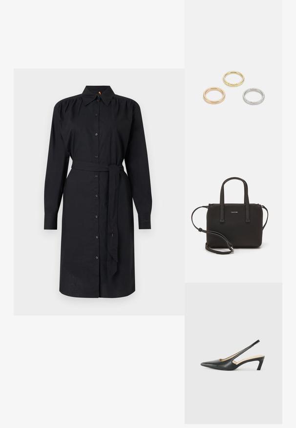 BOSS - Sukienka koszulowa; Czarny but na obcasie typu slingback z ostro zakończonym noskiem, z niskim obcasem, wykonany z gładkiej skóry, z wycięciem po boku dla lepszej wentylacji.; Czarna torebka z dwoma krótkimi uchwytami i odpinanym paskiem na ramię. Gładki materiał przypominający skórę, z zamkiem błyskawicznym i detalem z logo.; Trzy metalowe pierścienie: jeden w różowym złocie, jeden złoty z teksturowanymi akcentami, oraz jeden srebrny, wszystkie z wygrawerowanym brandingiem na wewnętrznej stronie.