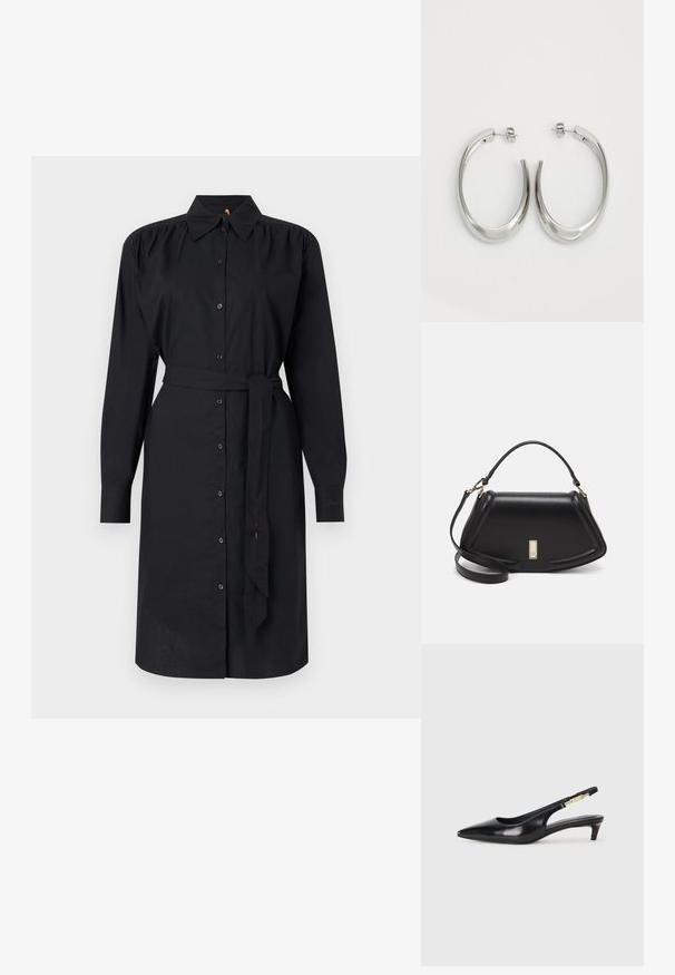 BOSS DELEGANT - Skjortklänning - black; Svart läder slingback-hälar med spetsig tå, med en smal klack och en guldtonad detalj på den justerbara remmen. Slät textur.; Svart läderhandväska med en strukturerad design, som har en avskuren form, ett handtag upptill och guldiga detaljer. Justerbar axelrem ingår.; Silverfärgade hoopsörhängen med en slät, böjd design. Har en glänsande metallisk yta och ett stiftlås. Inga synliga mönster eller detaljer.