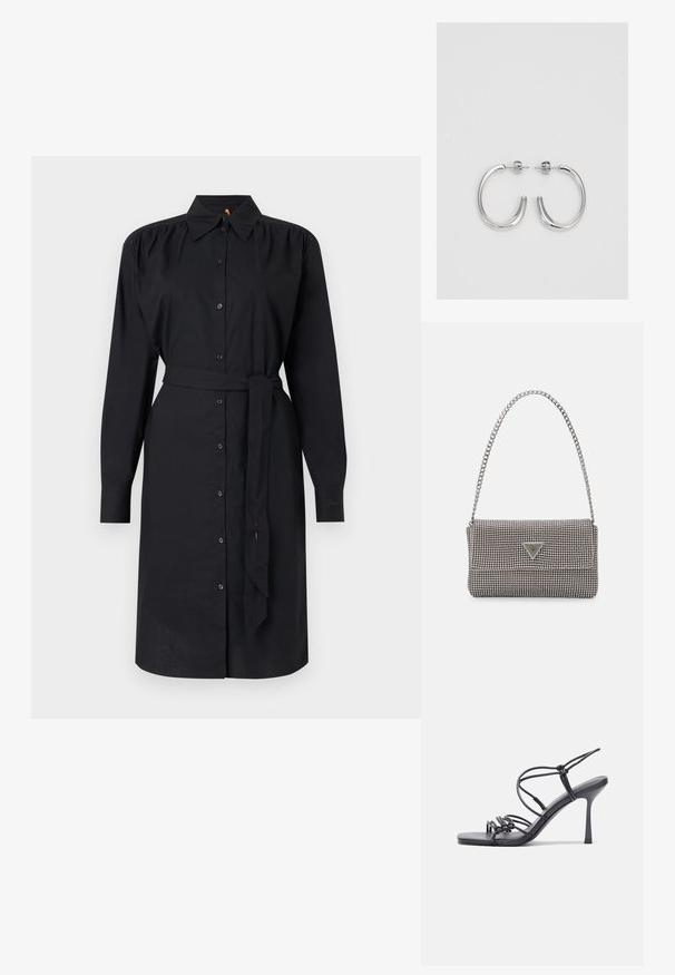 BOSS DELEGANT - Ingruha - black; Fekete magas sarkú szandálok vékony pántokkal, csomózott mintával, sima négyzetes orral és karcsú stiletto sarkal rendelkeznek.; Világosszürke fémes kézitáska lánc pánttal, kis kör alakú fém kifinomult díszítéssel és háromszög alakú márkagéppel.; Ezüst karika fülbevalók sima, fényes felülettel. Lekerekített forma, könnyű kialakítással, tűs zárómechanizmussal.