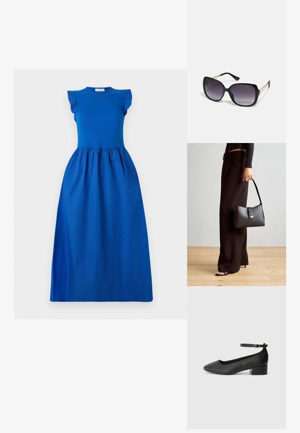 Sinine kleit, millel on istuv bodi lühikeste volangvarrukatega, üleminekul mahukasse, kokku kogutud seelikuosa siledast kangast.; Must mustaapp, millel on terav nina ja madal blokk-kand. Omab pahkluu rihma koos kuldse tooni pandlaga. Sile tekstuur.; Mustad ümarad päikeseglaasid, millel on gradient objektiivid, paksud raamid ja kuldse tooni kettaga kaunistused tempelitel.; Must musta kott, millel on struktureeritud kuju, sile tekstuur ja metallist klamber. Kombineeritud laiate mustade pükstega ja avatud varvaste sandaalidega puidust põrandal.