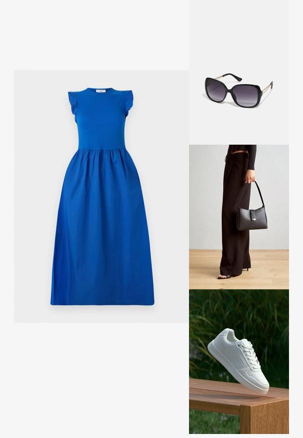 Rochie albastră cu un corset ajustat și mâneci scurte cu volane, trecând la o fustă volumină, plisată, dintr-un material neted.; Sneaker alb cu un upper sintetic neted, cu vârf perforat, șireturi plate și o talpă texturată, expus pe o suprafață de lemn.; Ochelari de soare negri, supradimensionați, cu lentile degradate, rame groase și detalii cu lanț de ton auriu pe brațele templului.; Genți negre cu o formă structurată, textură netedă și un închizător metalic. Asortată cu pantaloni negri largi și sandale cu vârf deschis pe un podea din lemn.