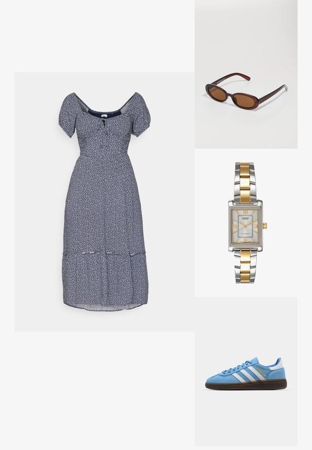 Marineblå blomstret kjole med korte pufferm, firkantet halsutskjæring og knappdetalj foran. Har en lagdelt skjørtedesign.; Lyseblå sueadesko med hvite lærstriper, en brun teksturert såle og gulllogo. Lågt design med rund tå.; Runde, brune solbriller med en blank burgunderfarvet ramme. Slanke arme med subtile brandingdetaljer. Flad linse design.; Casio kvartsur med rektangulær sølvskive, gull detaljer og et to-farget metallarmbånd i sølv og gull. Vanntett egenskap.