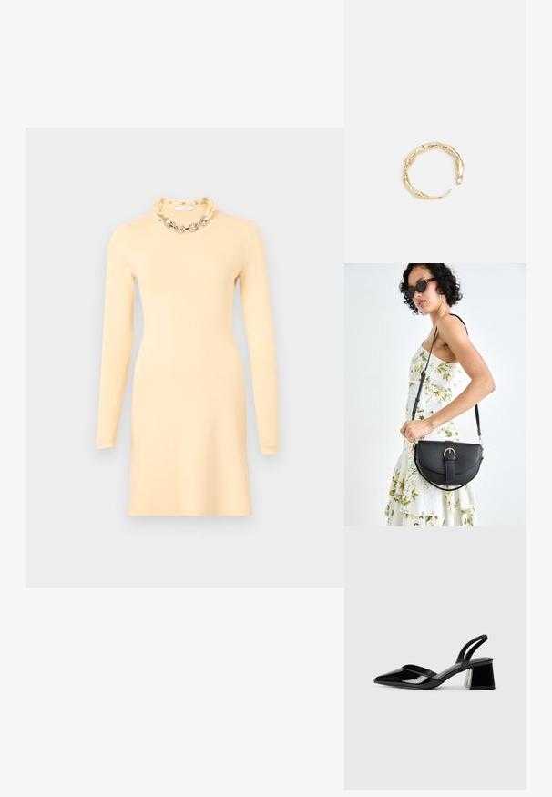 Rabanne Etuikleid - cream; Schwarze Lackleder-Slingback-High Heels mit spitzem Schuh und einem geometrischen Blockabsatz. Verfügt über ein schlankes, minimalistisches Design und eine glatte Textur.; Schwarze Lederhandtasche mit geschwungener Form, abnehmbarem Tragegurt und goldenen Beschlägen. Die Tasche verfügt über einen Deckel mit einer Schnallen-Details.; Goldfarbener Ring mit einem organischen, gedrehten Design, glatter Oberfläche und sich verjüngenden Enden, was ein modernes, skulpturales Erscheinungsbild erzeugt.