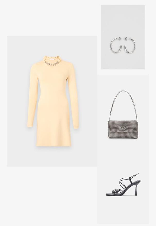 Rabanne Tubino - cream; Sandali neri con tacco alto presentano sottili cinturini con design annodato, una punta quadrata liscia e un elegante tacco a spillo.; Borsa a mano metallica grigia chiara con tracolla a catena, impreziosita da piccoli chiodi metallici circolari e da un logo triangolare del marchio.; Orecchini a cerchio in argento con una finitura liscia e lucente. Forma arrotondata, design leggero, con chiusura a perno.